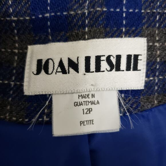 Vintage Joan Leslie Wool Blazer Jacket Blue Gray Plaid Lined Petite 12P / M - Picture 10 of 11